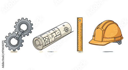 Essential construction tools including gears blueprint ruler and hard hat for building projects and engineering success, Generative AI.