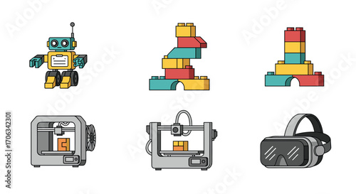 Futuristic technology icons featuring a robot building blocks 3D printer and VR headset for innovation and education concepts, Generative AI.