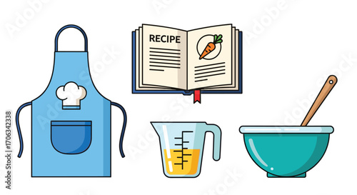 Chef's essential tools ready for culinary creation featuring a blue apron recipe book measuring cup and mixing bowl with spoon, Generative AI.