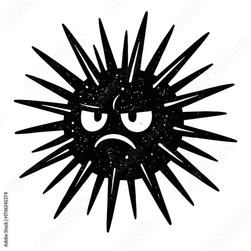 Grumpy Black Spiky Creature Vector Illustration with Distressed Texture - A Playful Yet Angry Cartoon Sea Urchin or Germ Character, Perfect for Humorous Designs, Warning Signs, or Edgy Art Projects an