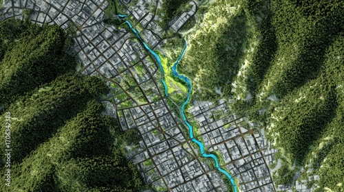 Aerial perspective showcasing urban landscape with river integration among green mountains