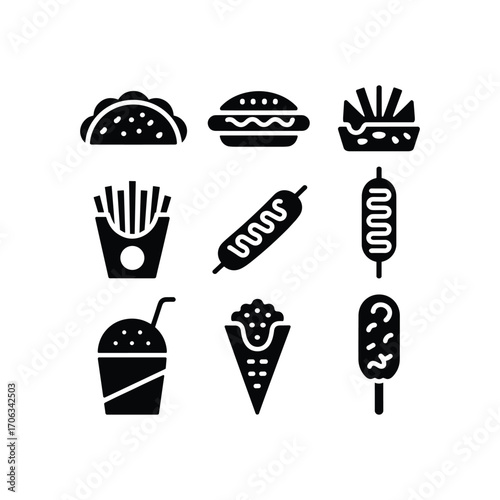 Collection of delicious fast food icons featuring tacos burgers fries drinks and hot dogs