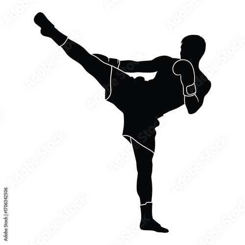 Martial arts silhouette athlete performing dynamic side kick action pose silhouette