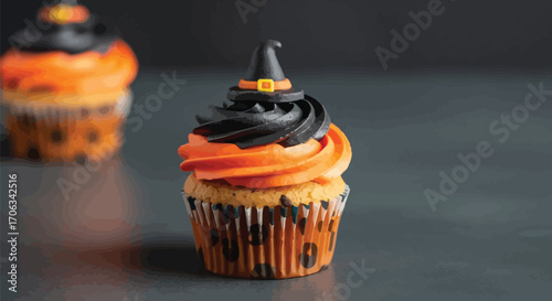 Delicious halloween cupcake with orange and black frosting and a witch hat topper