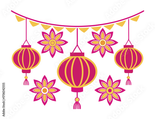 Chinese New Year festive decoration with lanterns flowers and bunting banner