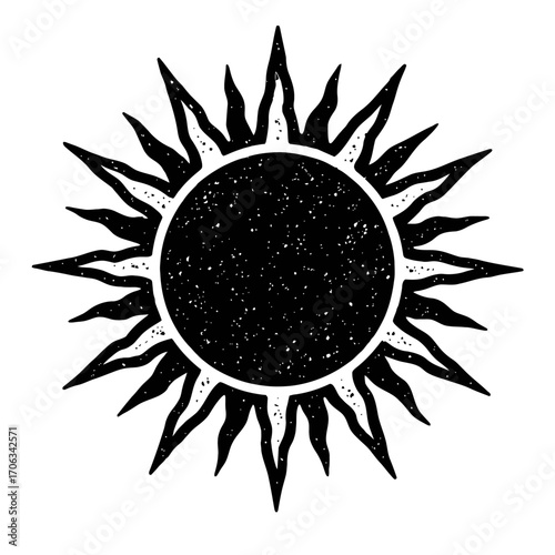 Monochromatic celestial sunburst illustration with jagged, radiating rays and a distressed, speckled texture, embodying a powerful vintage and mystical cosmic energy, ideal for spiritual, occult, and