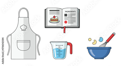 Culinary essentials for baking success unlock delicious recipes with an apron cookbook measuring cup and whisk creating sweet treats, Generative AI.