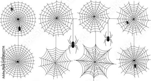 Spooky spiderwebs with spiders hanging down for halloween themed decorations