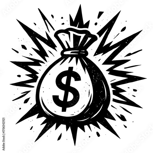 Explosive Money Bag Icon with Dollar Sign: A bold visual symbolizing rapid financial growth, wealth, prosperity, investment success, high returns, and monetary gains for all business endeavors.