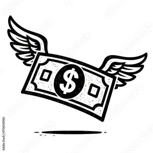 Dynamic black and white illustration of a dollar bill with outstretched wings, actively flying and casting a subtle shadow, representing money loss, rapid expenses, financial freedom, economic insight