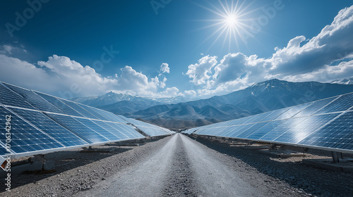 Solar panel field stretching to horizon under clear blue sky, sustainable energy concept, futuristic clean design