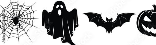 Spooky halloween silhouettes of a spiderweb ghost bat and jackolantern icons