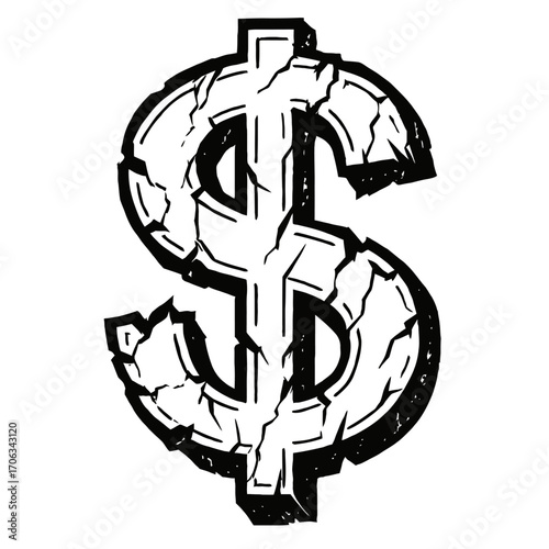 Powerful B&W image: severely cracked, fractured dollar sign. Symbolizes deep economic crisis, financial instability, currency devaluation, global recession, market collapse, bankruptcy, wealth erosion