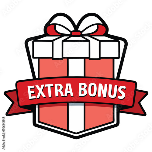 Red gift box with white ribbon and bow featuring a banner that says extra bonus