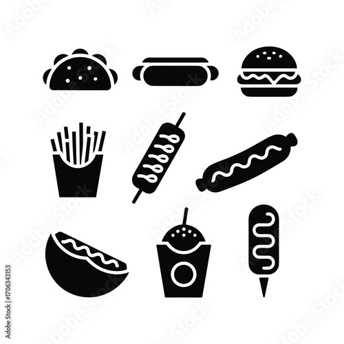Collection of popular fast food icons representing tacos burgers hot dogs fries and drinks