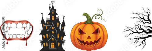 Spooky halloween elements featuring vampire teeth haunted house pumpkin and moon
