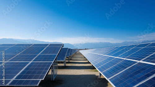 Solar panel field stretching to horizon under clear blue sky, sustainable energy concept, futuristic clean design