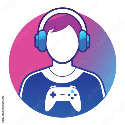 Faceless gamer avatar wearing headphones and holding a video game controller in a colorful circle