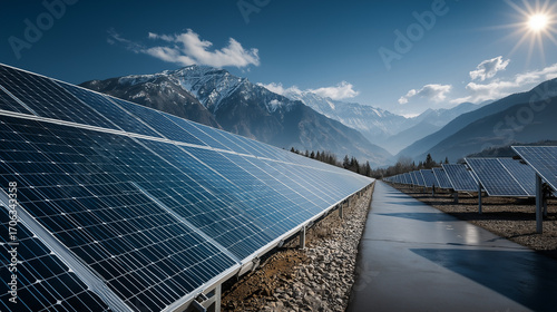 Solar panel field stretching to horizon under clear blue sky, sustainable energy concept, futuristic clean design