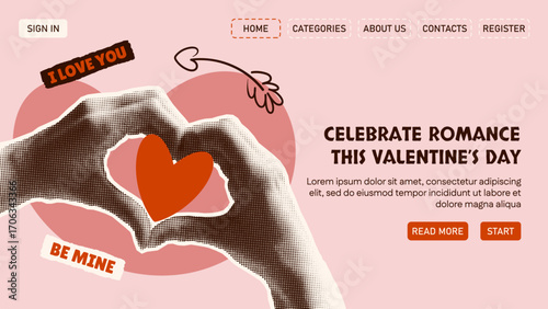 Web page with halftone hands forming a heart shape. Valentine’s Day site design in a collage style. Text stickers. Hand elements on torn paper. Design theme in a Y2K style. Love, emotions, heart