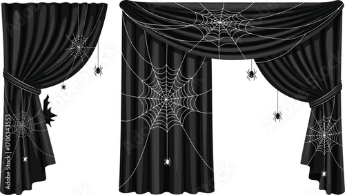 Spooky black halloween curtains with spiderwebs and spiders for haunted house decor
