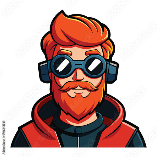 Stylized cartoon portrait of a red haired man with beard and goggles wearing headphones