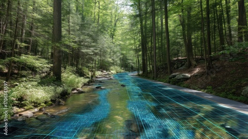 Data-Driven Nature: A Forest Stream with Digital Overlay Illustrating Data Analysis of Ecosystem