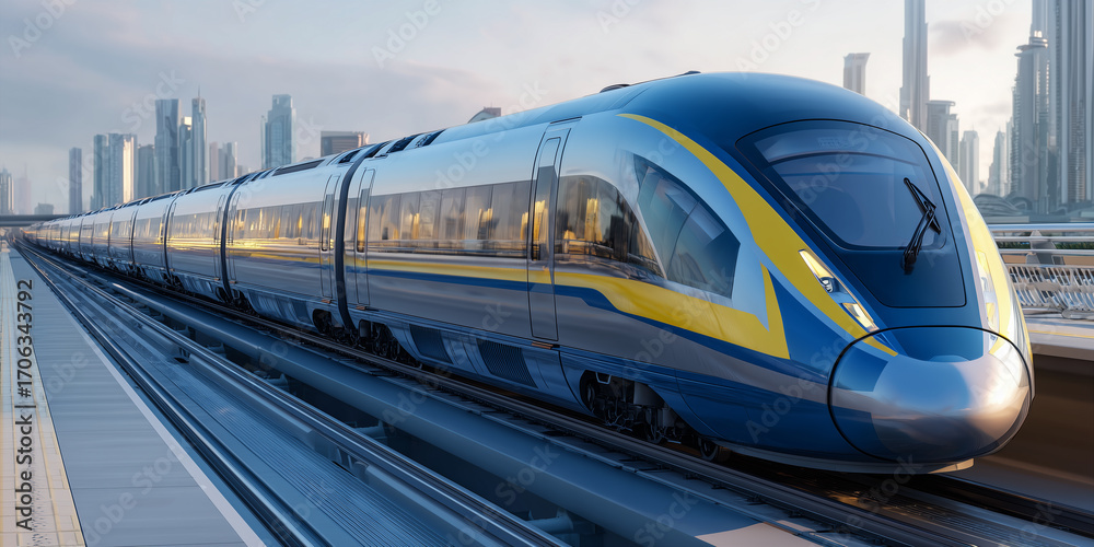 Fototapeta premium Futuristic High-Speed Train in Modern Cityscape