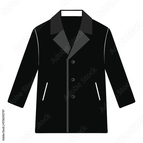 Stylish black wool overcoat with contrasting collar and button closure on white background