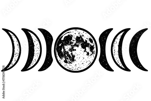 Grungy Black and White Triple Moon Phases. Full Moon at center, flanked by detailed waxing and waning crescents. Symbol of divine feminine, cosmic cycles, lunar magic, paganism, witchcraft, and spirit
