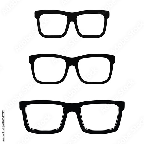 Three pairs of black framed eyeglasses shown in a vertical row on a white background