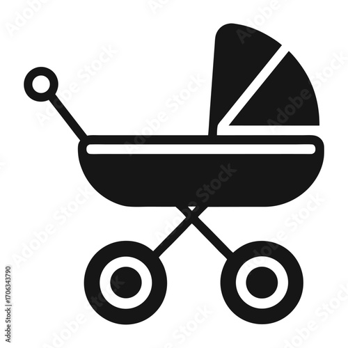 Classic black silhouette of a vintage baby carriage on wheels representing childhood and transport