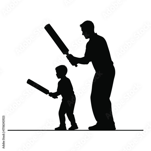 Father and son silhouette playing cricket together outdoor fun childhood memories silhouette