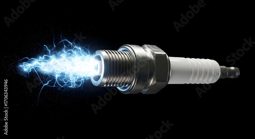 Spark plug with blue electric sparks and flames on black background, automotive ignition system component showing power and energy in action