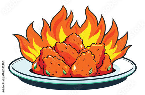 Spicy chicken wings with flames erupting from a white plate a fiery feast