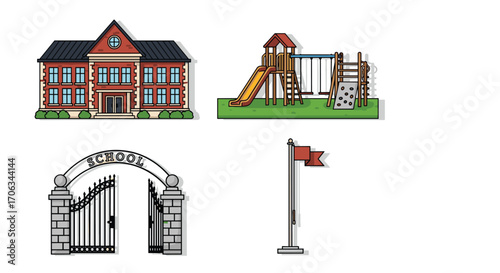 Classic school building with playground arched gateway and flag creates idyllic educational campus scene, Generative AI.