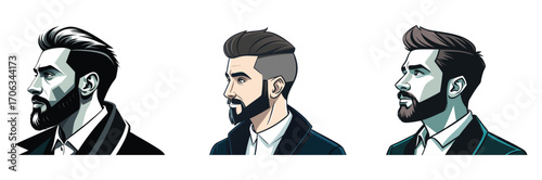 Three stylish bearded men in profile with modern haircuts and suits on white background
