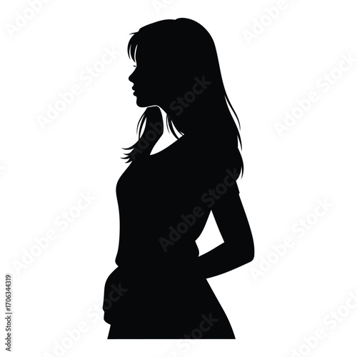 Silhouette of a young woman with long flowing hair looking sideways elegantly silhouette