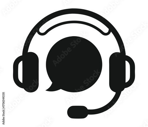 Black silhouette icon of headphones with a microphone and speech bubble symbolizing customer service and communication