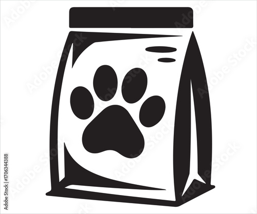 Black silhouette of pet food bag with paw print, vector illustration symbolizing animal nutrition, dog food, cat supplies, veterinary care, pet shop product, packaging design, domestic animals, and pe