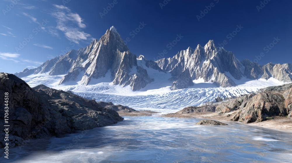 Obraz premium Majestic Snow-Capped Mountains Overlooking a Frozen Lake