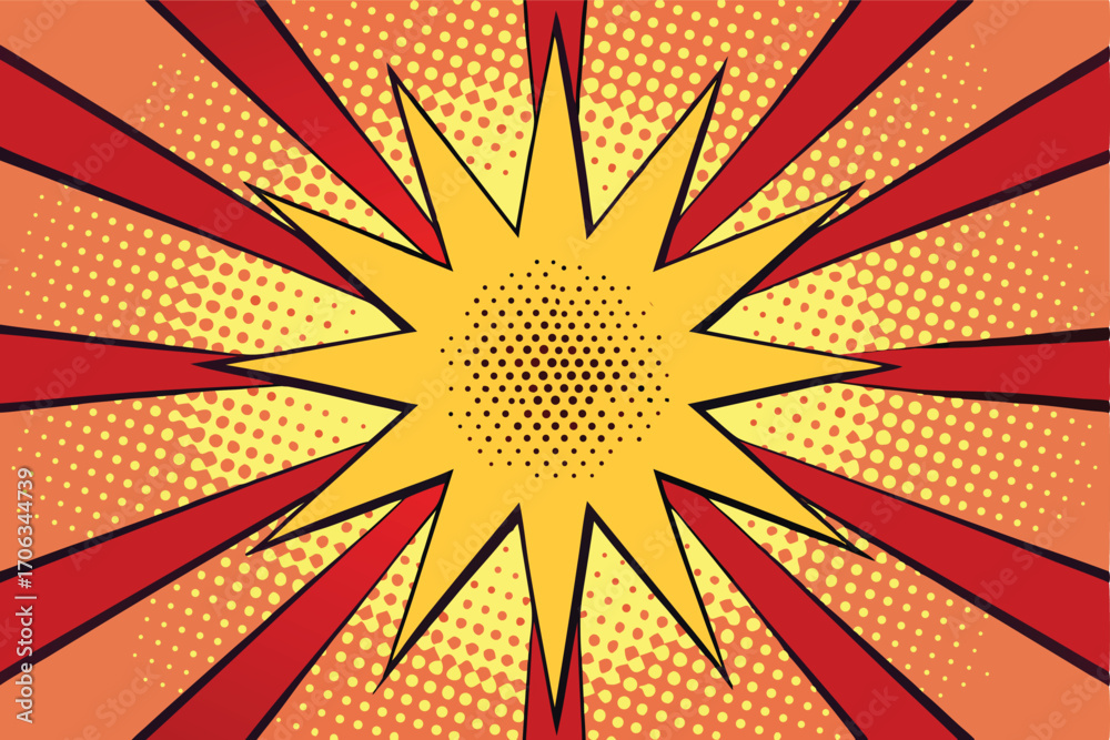 Obraz premium Retro comic book style explosion burst with halftone dots and radiating lines