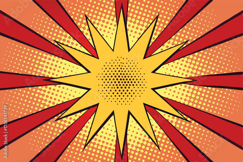 Retro comic book style explosion burst with halftone dots and radiating lines