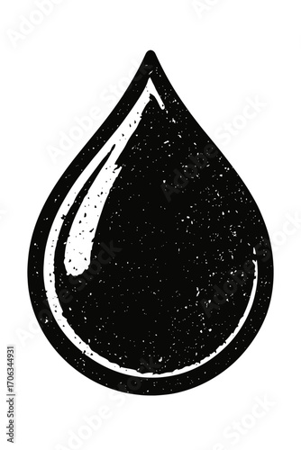 Gritty black liquid droplet vector illustration with distressed texture, stark white outline, and glossy highlight. Ideal for water, oil, ink, or dark fluid concepts. A versatile, minimalist graphic d