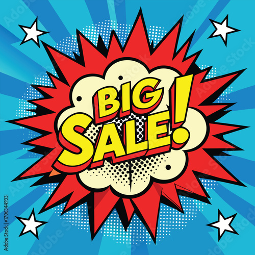Explosive big sale comic book style burst with stars on a blue radial background