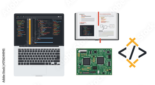 Professional technology tools for coding hardware development and learning complex programming concepts with vibrant digital interfaces, Generative AI.