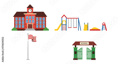 Vibrant school building playground American flag and welcome gate create a cheerful educational scene perfect for learning materials, Generative AI.