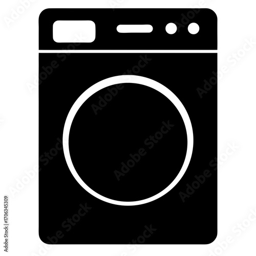 Stylized Black and White Illustration of a Washing Machine with Simple Controls