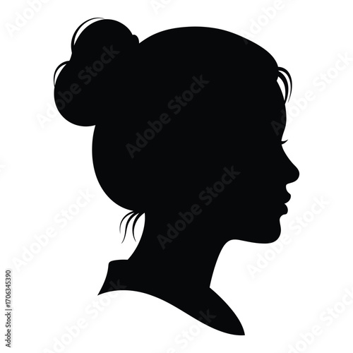 Elegant silhouette profile of a woman with hair bun for graphic design silhouette