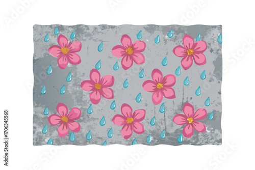Pink flowers with raindrops on a textured gray background, a beautiful and delicate pattern for design and decoration
